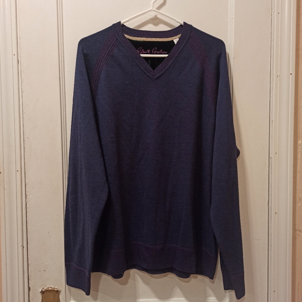 Robert Graham Cottage V-Neck Sweater Dark Navy Blue Wool Cashmere Men's